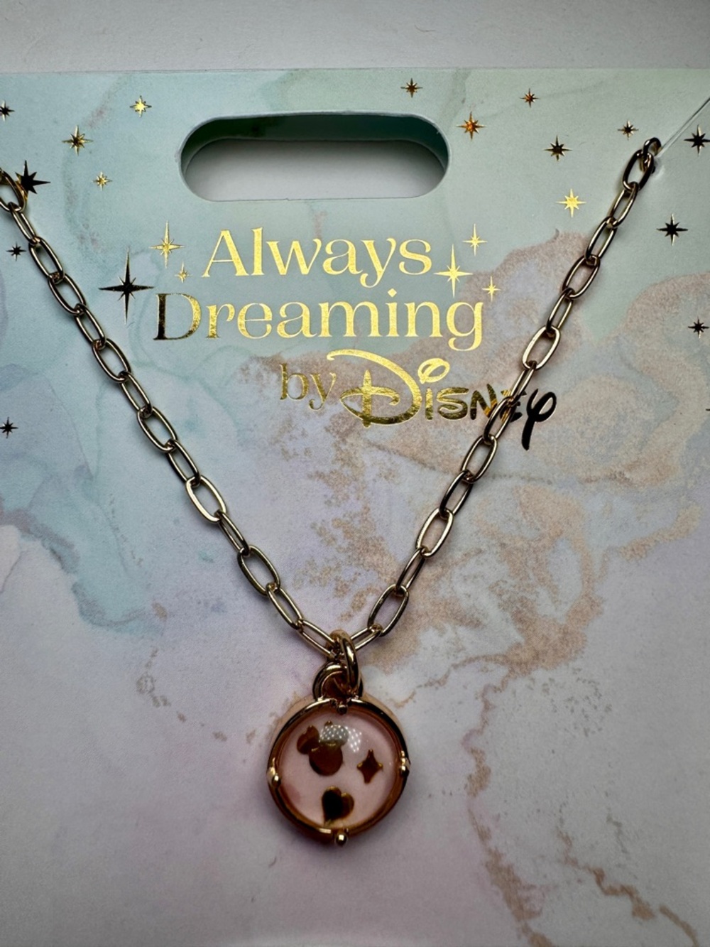 NWT Disney Parks Always Dreaming Minnie Mouse Ear Round Gold Tone Necklace.